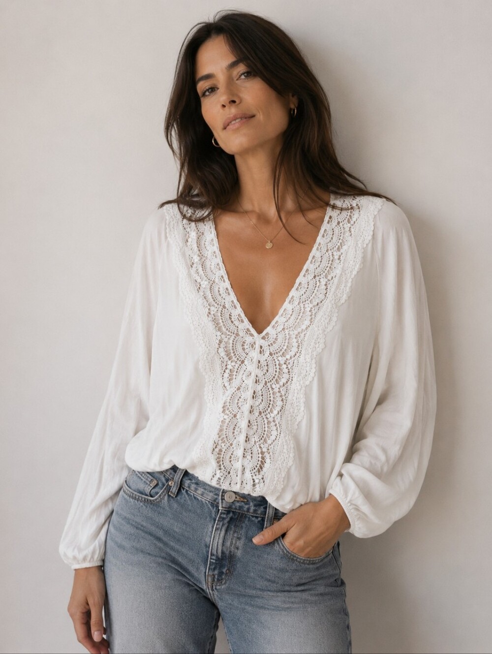 Coco + Carmen White Lace Boho Peasant Blouse Size S/M